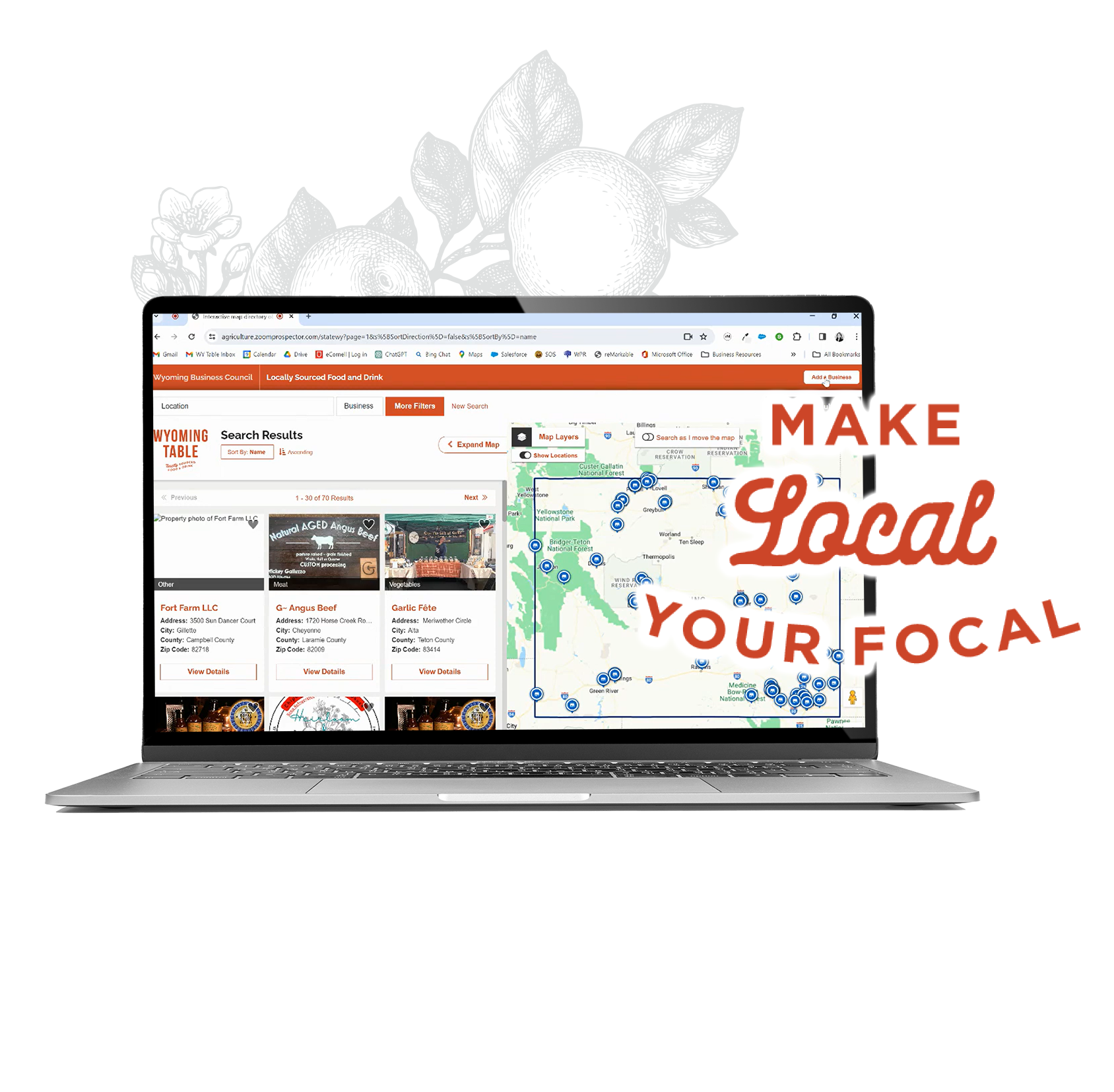 Wyoming Table graphic with the text "Make Local Your Focal"